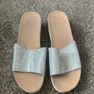 Silver Tan Slide Sandals with Sparkly Strap